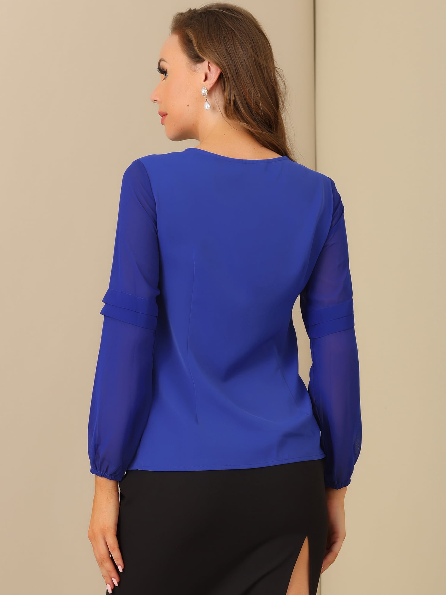 DARING DIVA Chiffon Semi Sheer Long Sleeves Keyhole Neck Blouse L Royal Blue