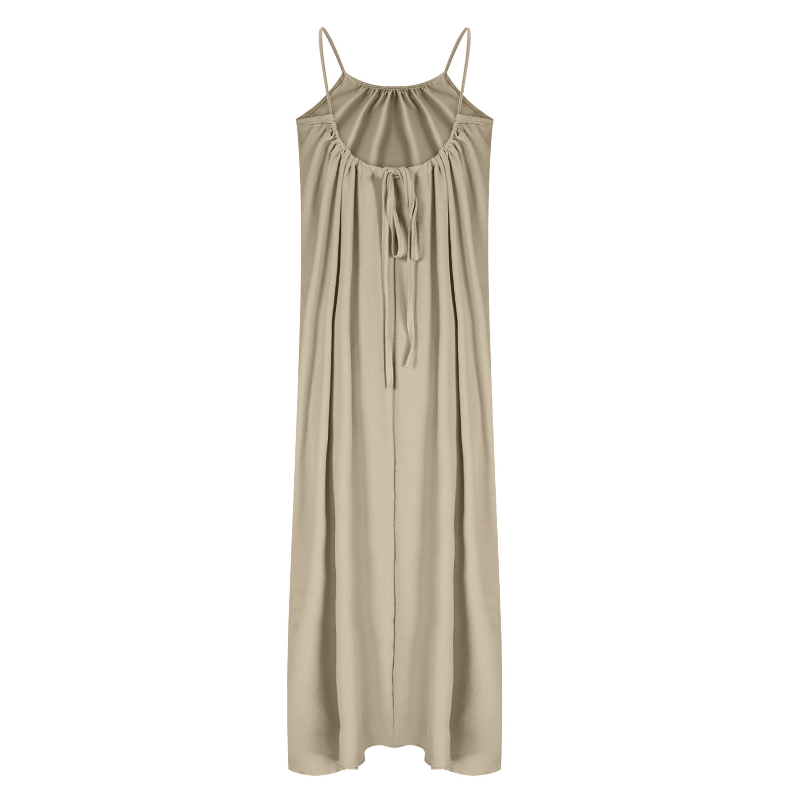 Maqroz Backless Cami Dresses for Women Plus Size Casual Solid Color Summer Sleeveless Open Back Beach Sundress with Back Tie for Holiday Vestido Verano Mujer Beige XXL