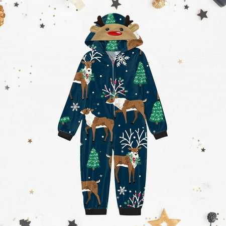 

absuyy Matching Set for Family Warm- Homewear Warm Halloween Printed Hooded Pajamas Kids Jumpsuit Christmas Navy Size 8T