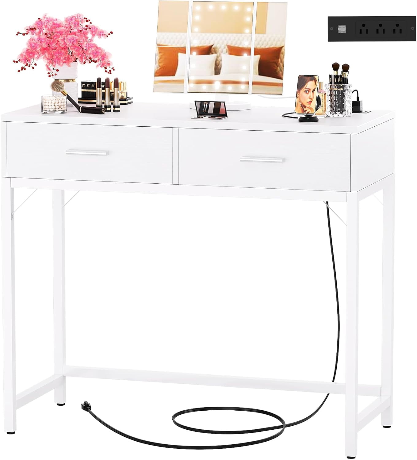White Makeup Vanity Desk with Foldable LED Mirror, 3 Brightness Modes, 3 Magnification Levels, Built-in Power Outlet, and 2 Drawers, 36" Wide
