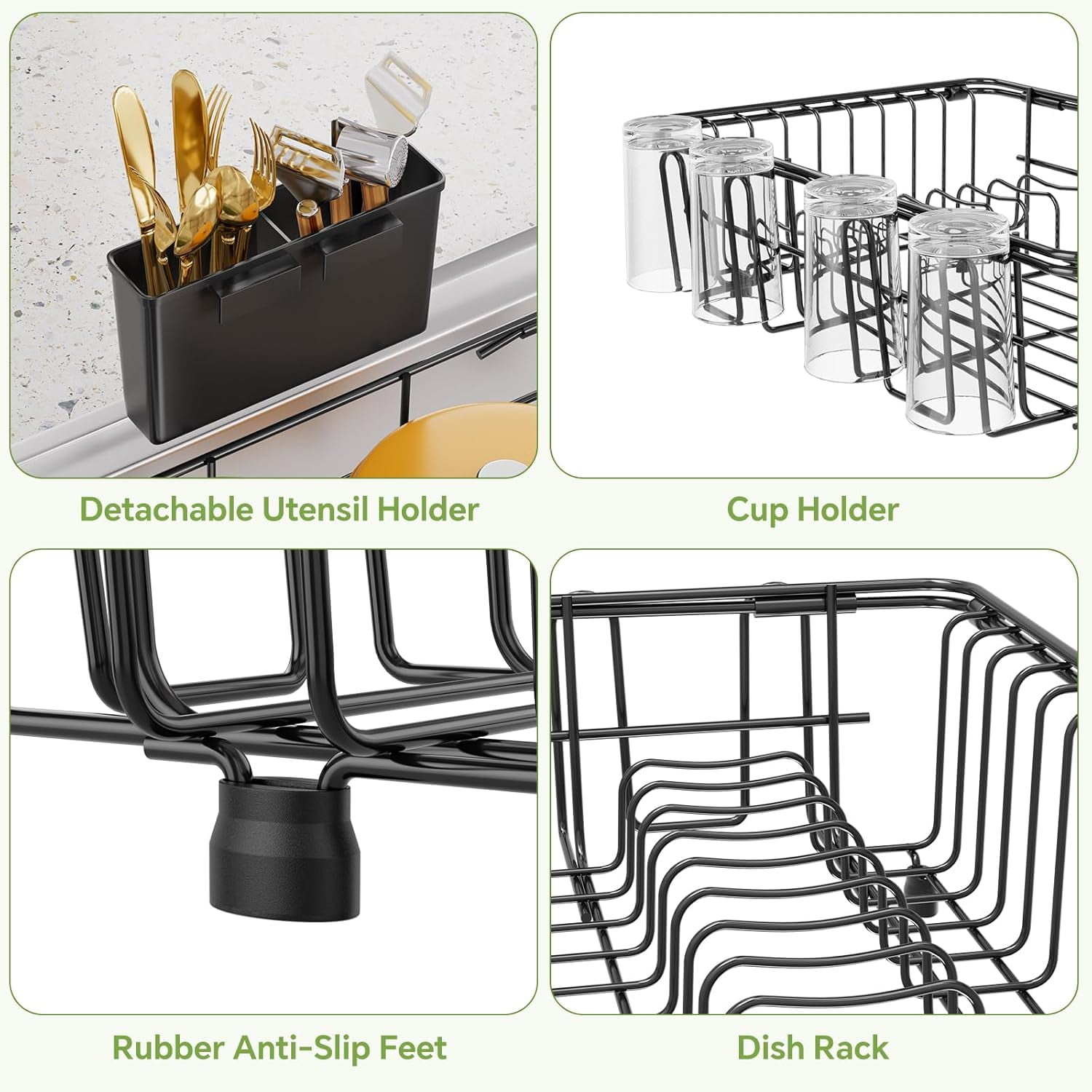 General Expandable Dish Drying Rack in Sink, Adjustable Dish Drainers for Kitchen Counter, Inside Sink, Over The Sink with Utensil Holder, Black
