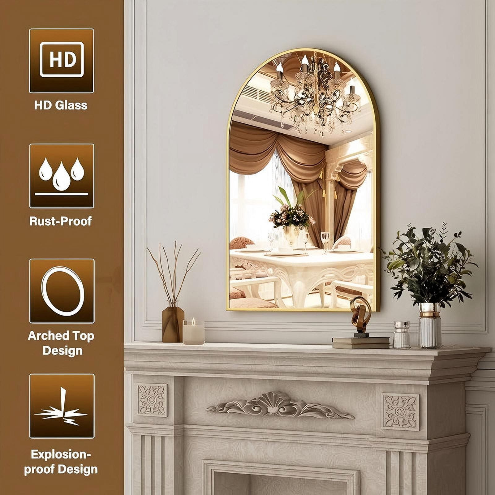 Lumora 38.5" x 26" Arched Bathroom Mirror Wall Mirror Leaning or Wall Mounted, Gold