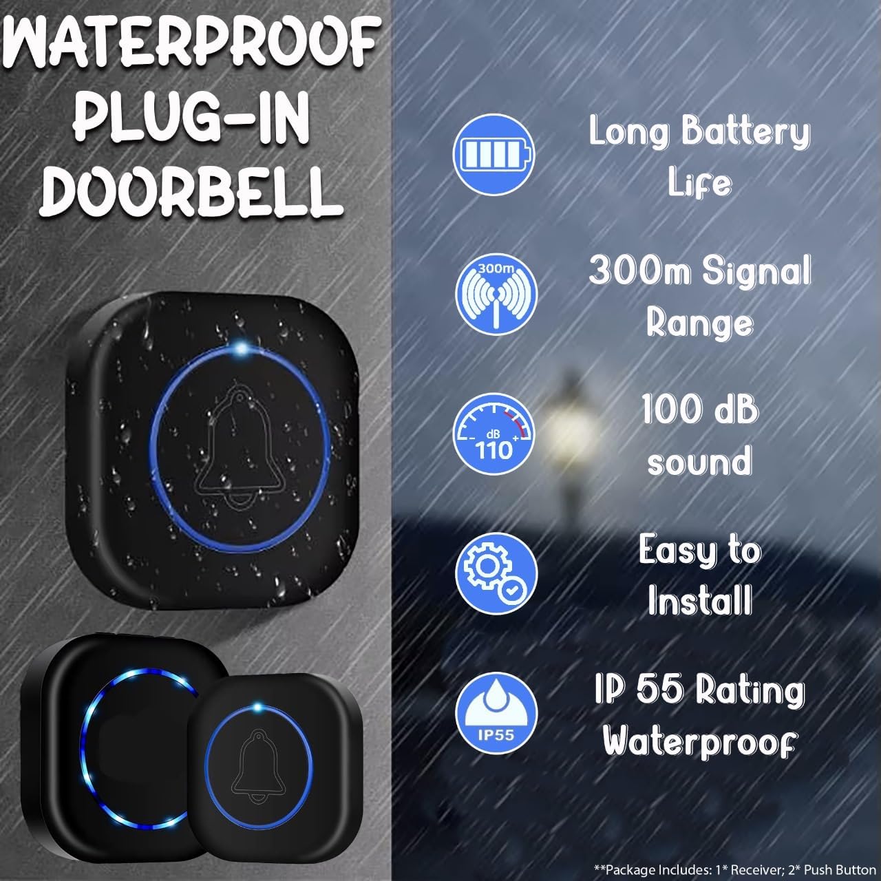 SONGAUN Wireless Plug-in Doorbell with 1 Receiver & 2 Waterproof Transmitter Door Bells – 110dB Sound, 36 Melodies, Easy Installation, Cordless Home Security System, Ideal for Front Doors & Entryways