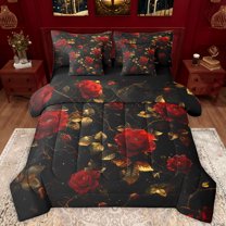 Manfei Romantic Red Rose Twin Bedding Sets 7-Piece for Women, Anniversary Flower Floral Bedding Comforter Set, Mystic Galaxy Reversible Sheet Sets, Luxury Bedroom Decor