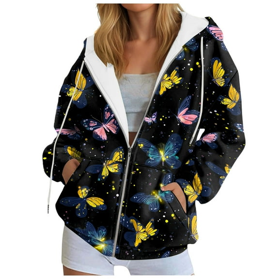 GEWSEY Women's Zip Up Graphic Hoodies Long Sleeve Fall Oversized Sweatshirts Ladies Hoodies Zip Y2K Outfits (Yellow, XL)