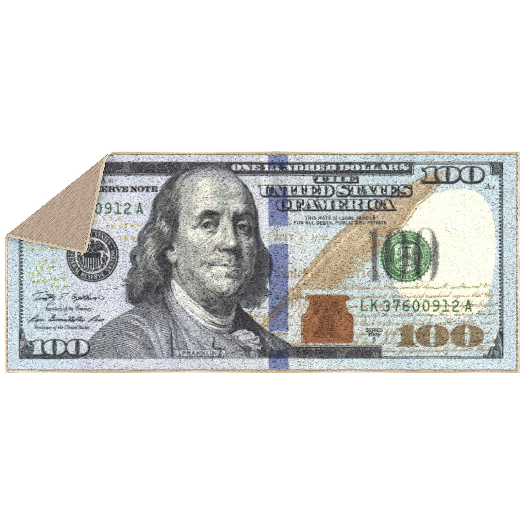 Ottomanson Machine Washable 100 Dollar Bill Non-Slip Rubberback 20x53 Money Rug, 20" x 53", Blue/Multicolor