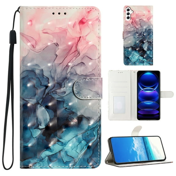 Compatible with Samsung Galaxy A54 5G Wallet Case for Women Girls, Pattern PU Leather Flip Cover with Card Holder and Kickstand Protective Phone Case with Lanyard for A54 5G, Pink Blue