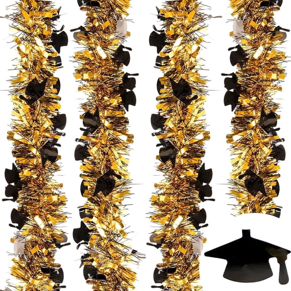 Yanonmyfd 50 FT Graduation Tinsel Garland Black Gold Silver Twist Garland with Confetti Metallic Graduation Hanging Ornament Decoration for Graduation Party Tree Mantel Party Supplies