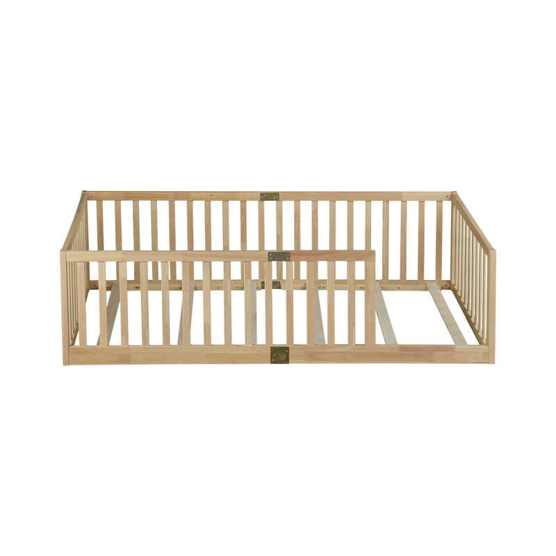 Mirightone Twin Size Wood Montessori Floor Beds with High Fence Railings, Twin Floor Bed with Slats, Twin Playhouse Bed Frame, (Natural&nbsp;)