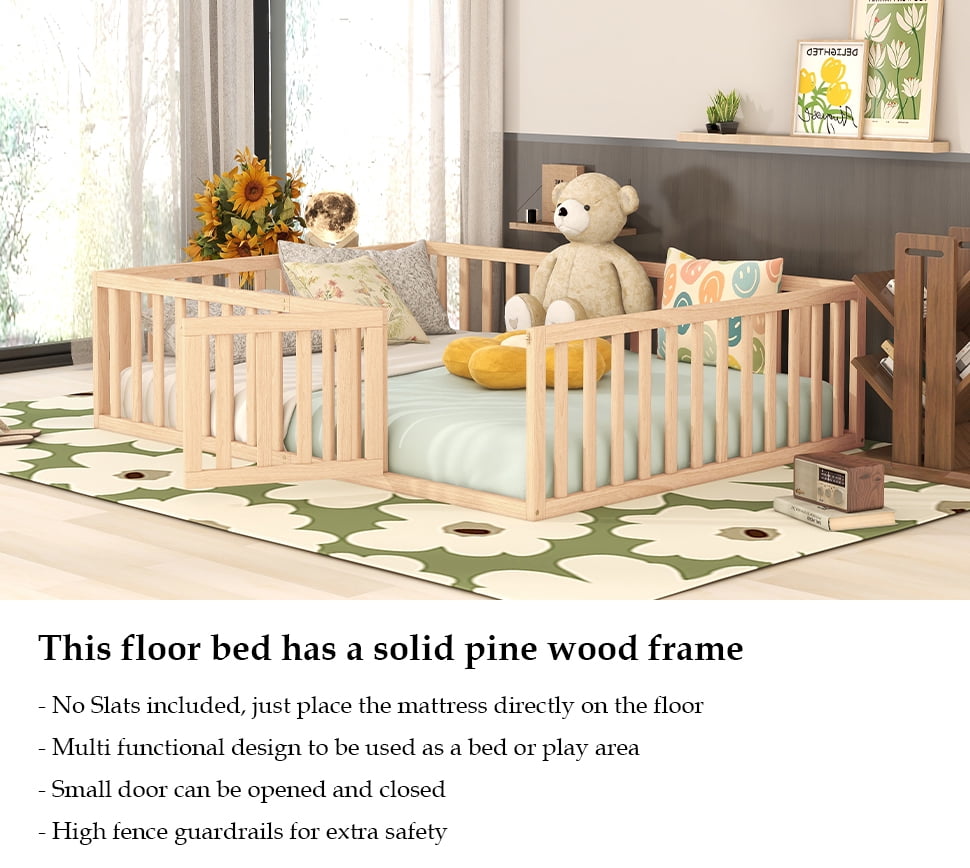 Bellemave Queen Size  Floor Bed with Fence and Door, Wood Montessori Bed Frame, Floor Bed Frame, Slats Not Included (Queen,Natural)