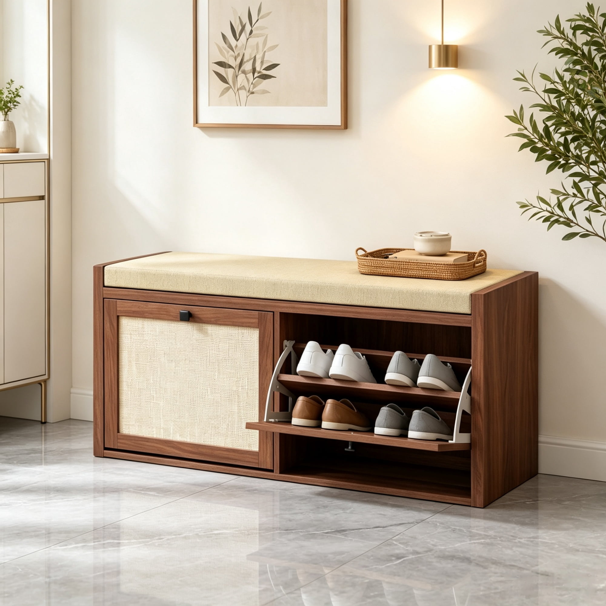 Entryway Shoe Storage Bench, Padded Seat with 2 Rattan Doors for Hidden Shoe Storage, Brown