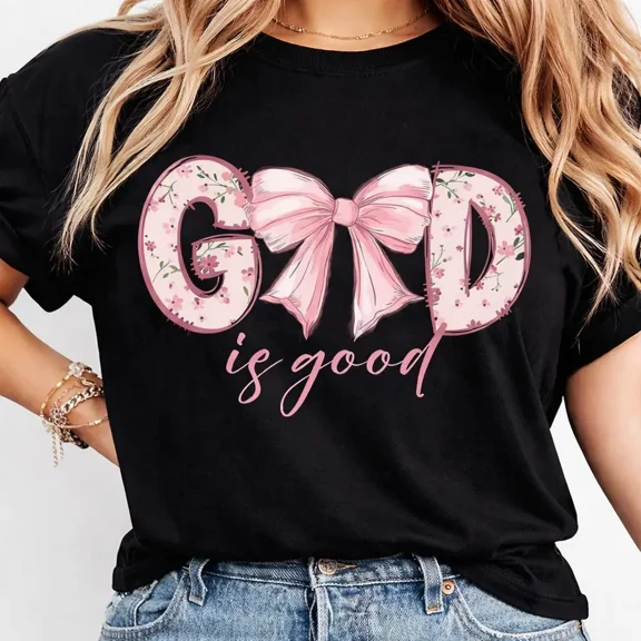 Women's Christian Faith God Is Good Pink Bow Floral Letter Graphic T-Shirt