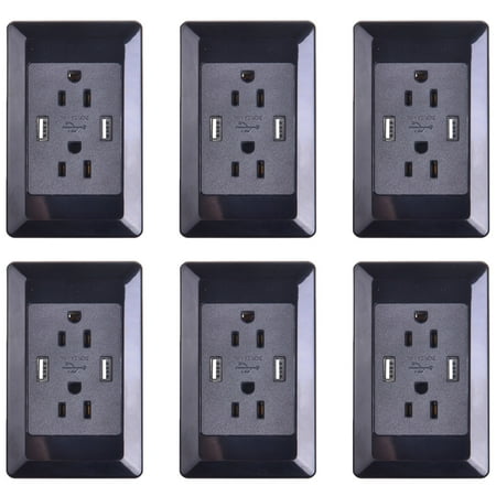 - GREENCYCLE 6PK 2A 5V Dual USB Port Electric Wall Charger AC Power Outlet Panel Plate Dock Station Socket Duplex Receptacle Black