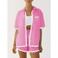 thumbnail image 3 of FEORJGP Women's 2 Piece Summer Set Lapel Neck Shirt Short Sleeve T-shirt Cardigan Button Down Ric Rac Tops + Elastic Waist Drawstring Shorts Fashion Casual Comfy Daily Outfits, 3 of 5
