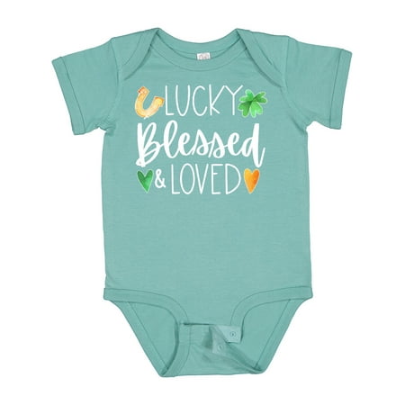 

Inktastic Lucky Blessed and Loved Horseshoe Clover Hearts Gift Baby Boy or Baby Girl Bodysuit