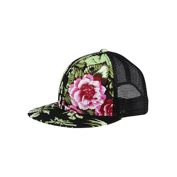 Top Headwear Floral Flat Bill Trucker Cap - Black