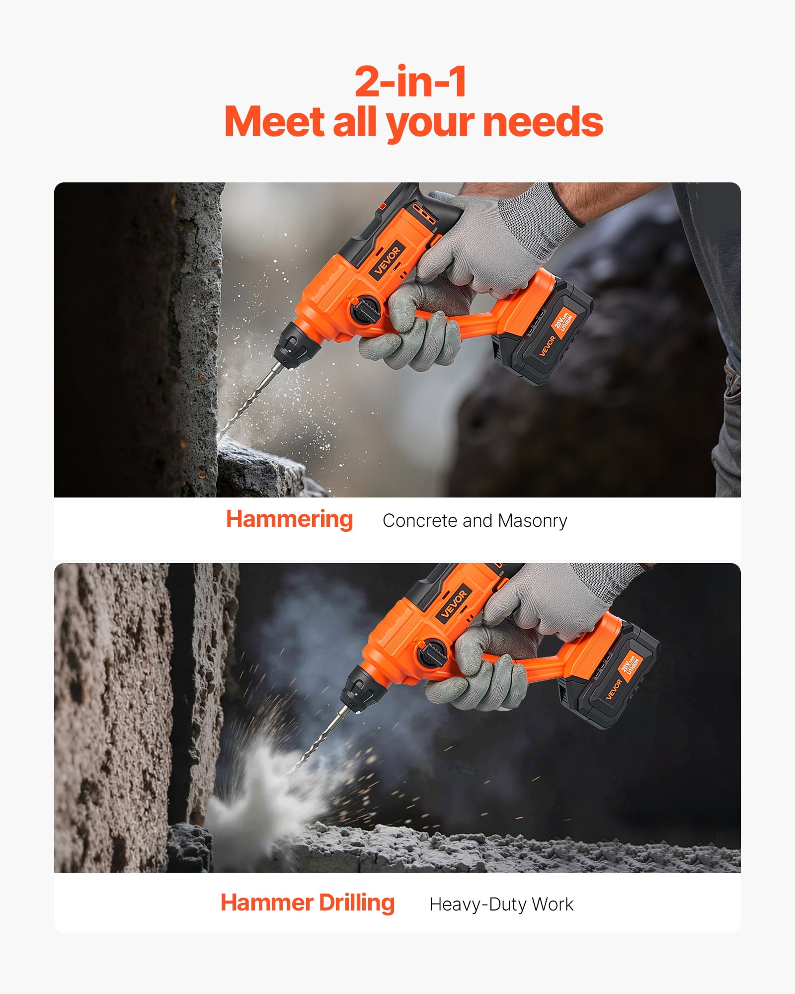VEVOR 20V Cordless Hammer Drill, Lithium-Ion 0.6 Inch Rotary Hammer Driver, SDS-Plus Electric Lightweight Power Tool Kit with Battery and Charger, 2 Functions, 1000 RPM, 5100 BPM