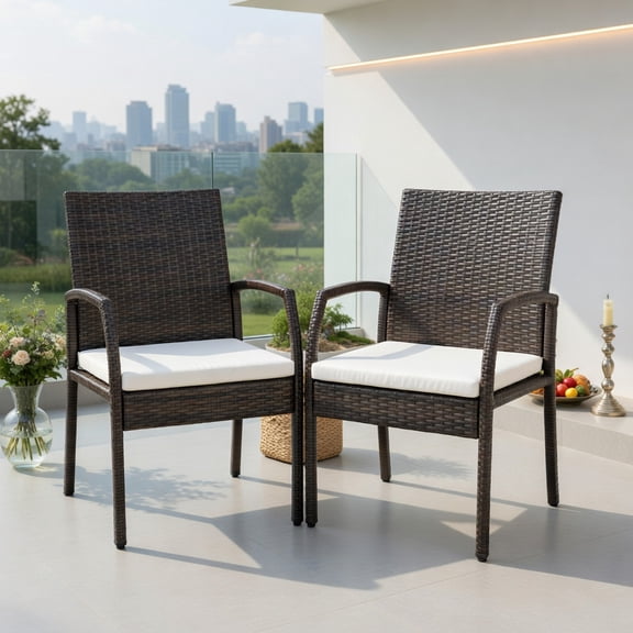 2-Pack Outdoor Wicker Dining Armchairs with Removable Off-White Cushions – PE Rattan Patio Chairs for Backyard, Porch & Poolside (Ergonomic Design, 400 lb Capacity)