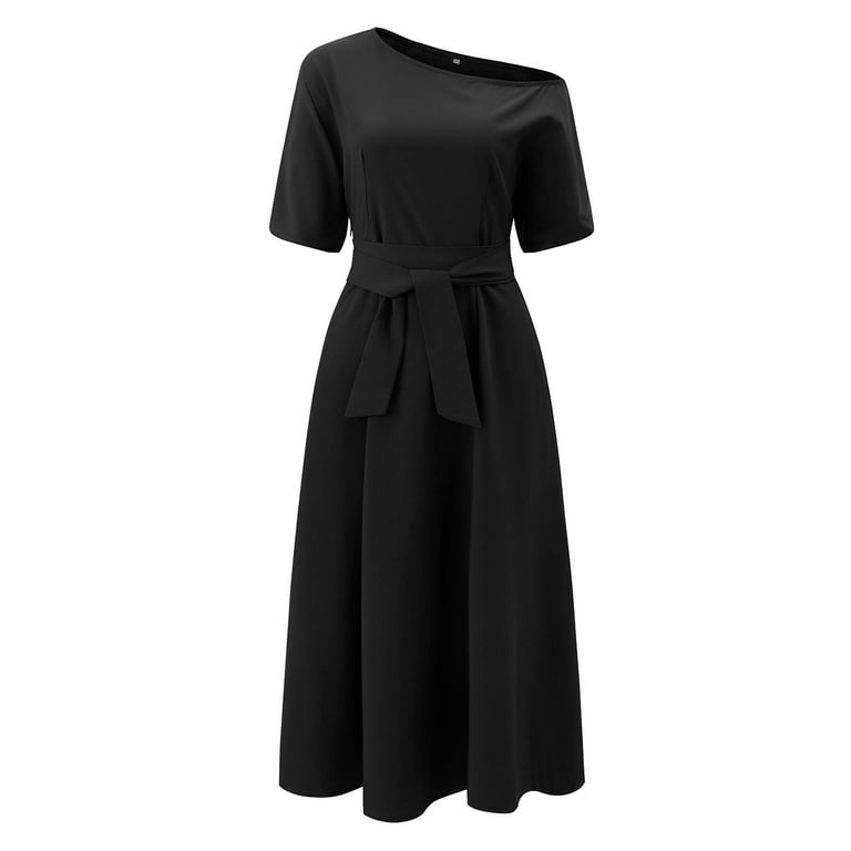 Solid Hue Off Shoulder Pleated Dress with Tie Waist for Women, Black / M Solid Hue Off Shoulder Pleated Dress with Tie Waist for Women, Black / M