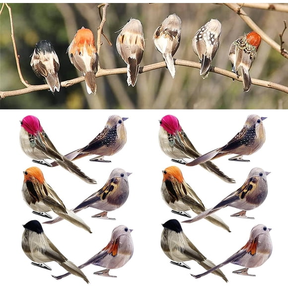 FBIRDY 12 Pcs Oiseaux Artificiels Clip sur Oiseaux Moineau Artificiel Oiseaux Réalistes Oiseaux Faux Oiseaux Plumes Oiseaux Mousse Oiseaux pour Décoration Suspendue Ornements Cour Patio Couronne Décoration de Jardin