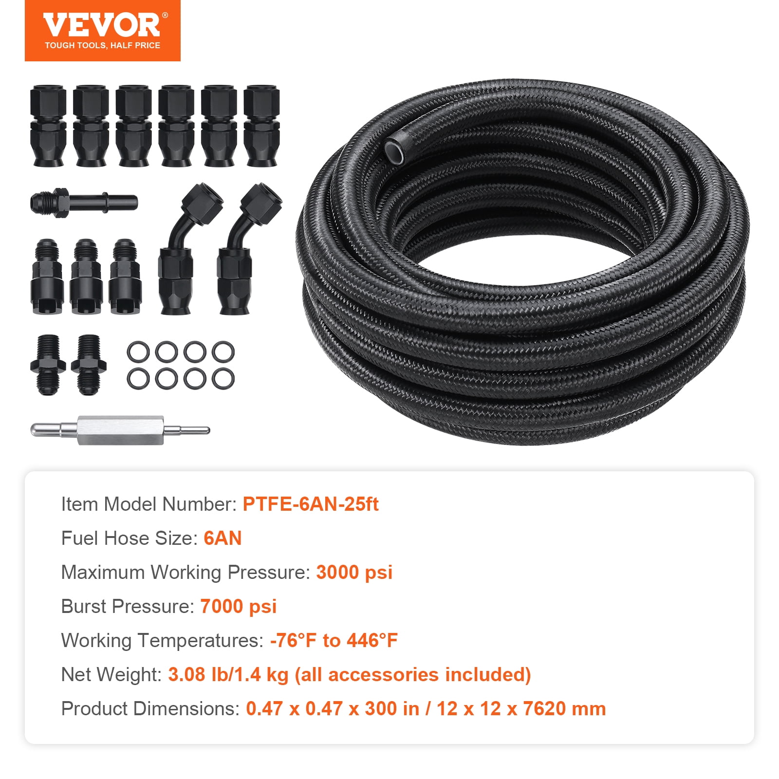VEVOR 6AN Fuel Line Kit, 25 FT Fuel Hose Kit, 5/16" Nylon Stainless Steel Braided PTFE Fuel Line Kit, E85/Oil/Gas/Diesel Hose End Fitting Kit, with 15 PCS Swivel Fitting Adapter Kit, Black