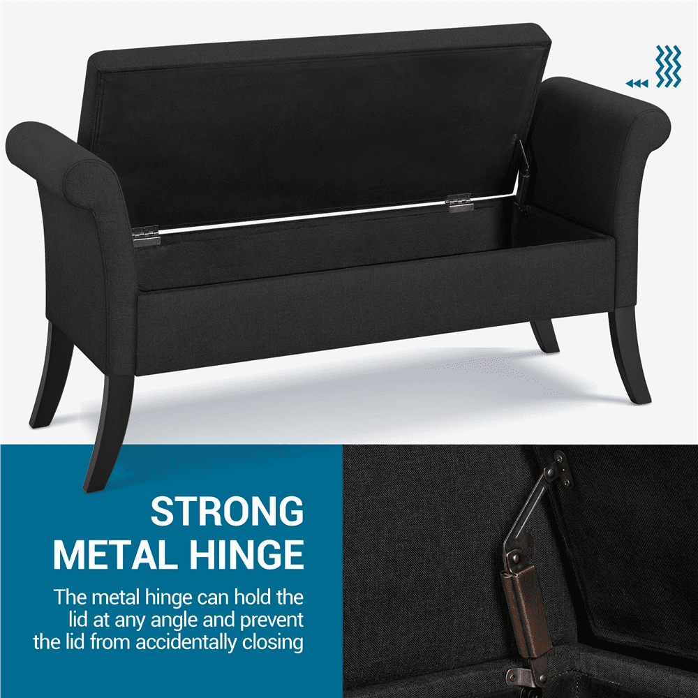 Yaheetech Modern Fabric Tufted Storage Bench Cushioned Ottoman Bench with Rolled Arms, Black