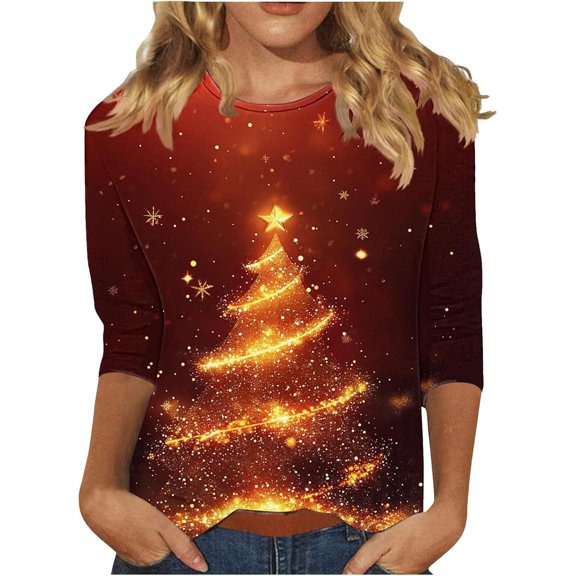 NMMUED Womens Christmas Shirts Christmas Womens Clothing Going Out Tops for Women Christmas Tunics for Women Cute Tops for Women Christmas Tshirts Women Womens Blouses Brick Red L