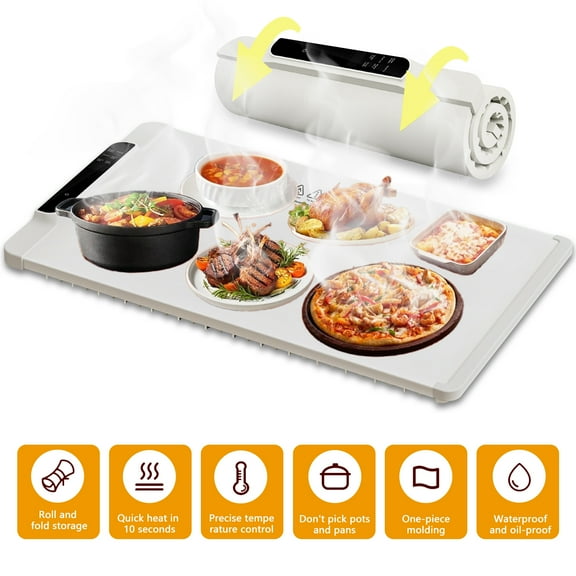Food Warming Mat - Fast Heating Silicone Electric Warming Tray with 10 Level Temperature, Raised Feet Protects Table, Roll Up Buffet Hot Plates Heat Pad, Portable Food Warmer for Parties Home Travel