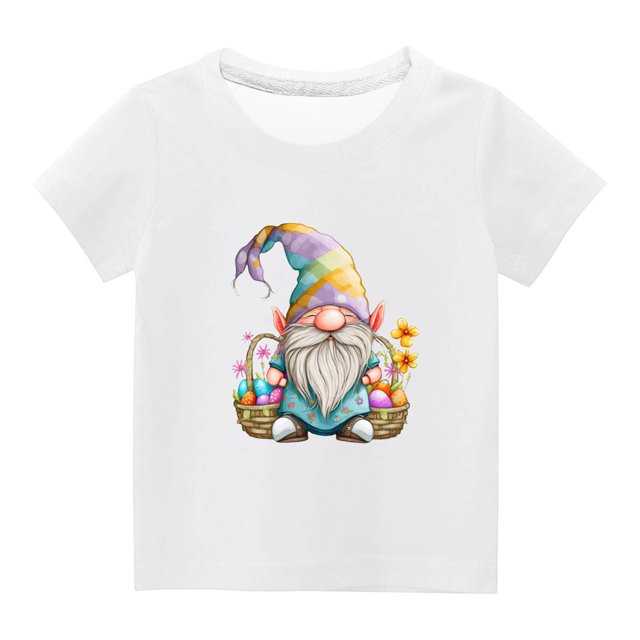 Penkiiy T-Shirts de Pâques pour Enfants Tout-Petits Garçons Filles Mode Mignon Imprimé Nain de Pâques Col Rond Manches Courtes 13 Ans Blanc