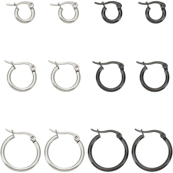 6Pairs 3Sizes Titanium Steel Hoop Earrings Set Ring Hoop Earrings Lightweight Tiny Hoop Earrings for Jewelry Gift Earring Supplies Black Stainless Steel Color Silver