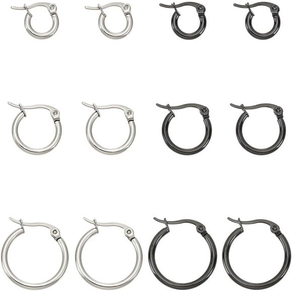 6Pairs 3Sizes Titanium Steel Hoop Earrings Set Ring Hoop Earrings Lightweight Tiny Hoop Earrings for Jewelry Gift Earring Supplies Black & Stainless Steel Color