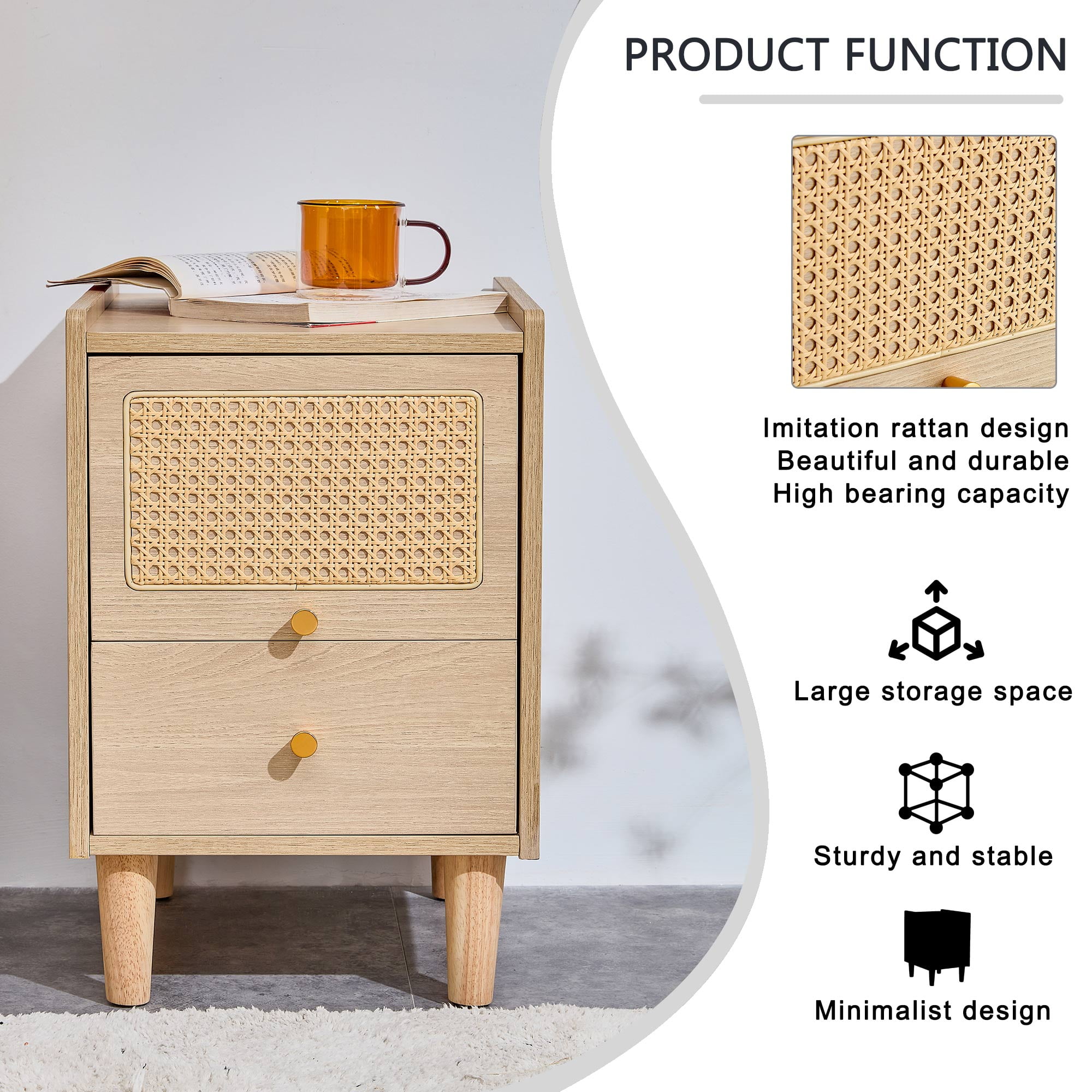 Resenkos Modern Natural End Side Table Nightstand, Bedroom Furniture with Rattan Drawers Resenkos Modern Natural End Side Table Nightstand, Bedroom Furniture with Rattan Drawers