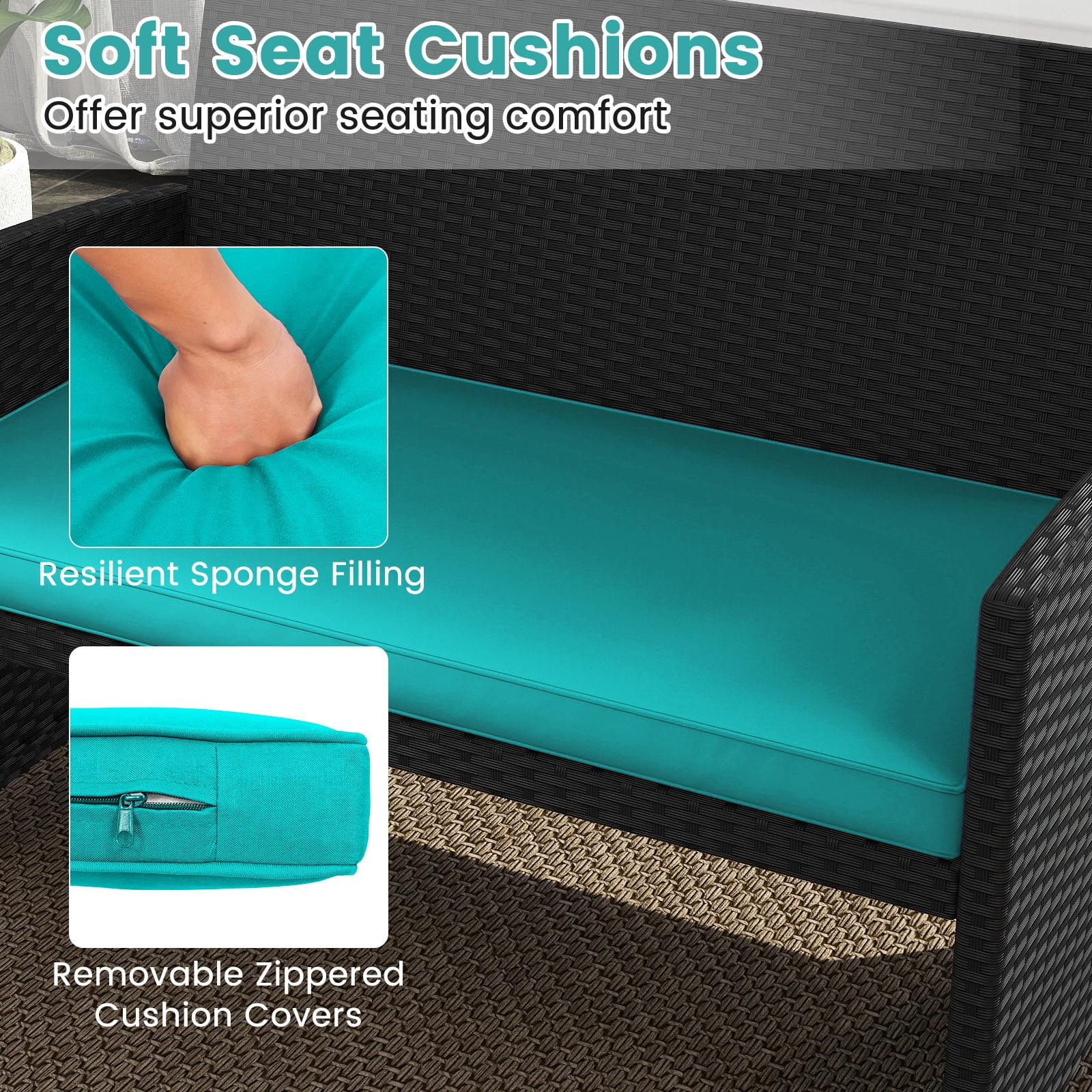 Costway 4PCS Patio Rattan Furniture Conversation Set Cushion Sofa Table Garden Turquoise