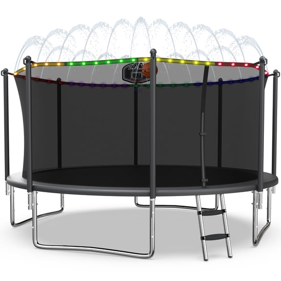 XMIKA Trampoline with Enclosure Net for Kids and Adults, 1200LBS Capacity 12FT Trampoline with Basketball Hoop, Ladder, LED Lights, Sprinkler, Outdoor Heavy Duty Trampoline, Black