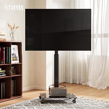 FITUEYES Rolling TV Stand for 32–65 Inch TVs, Black, Swivel Mount, Tempered Glass Base