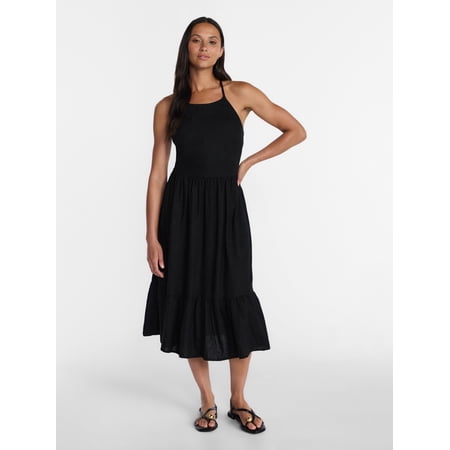 Time and Tru Women's Linen Blend Lace Up Halter Dress, Sizes XS-XXXL