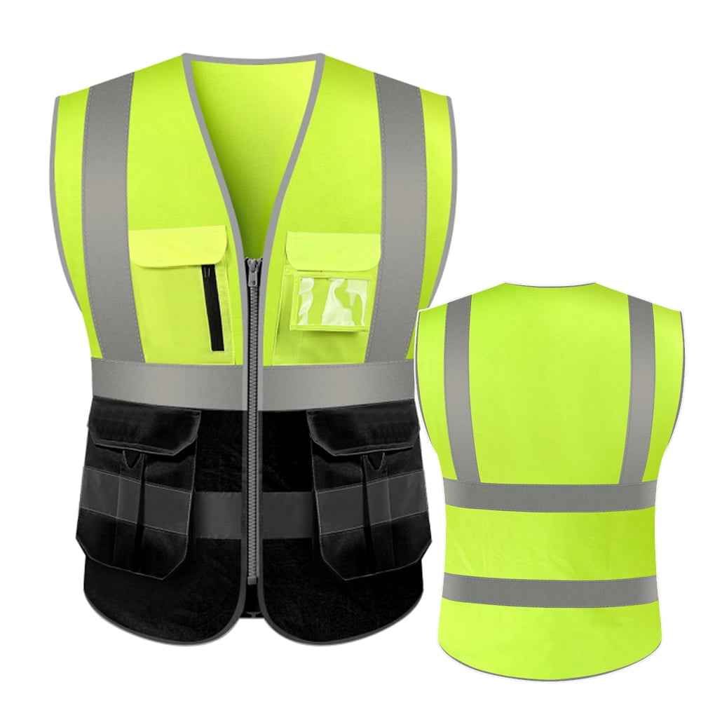 Toptie 10 Pockets High Visibility Safety Vest, Reflective Trim Safety Vest-Yellow/Black-2XL