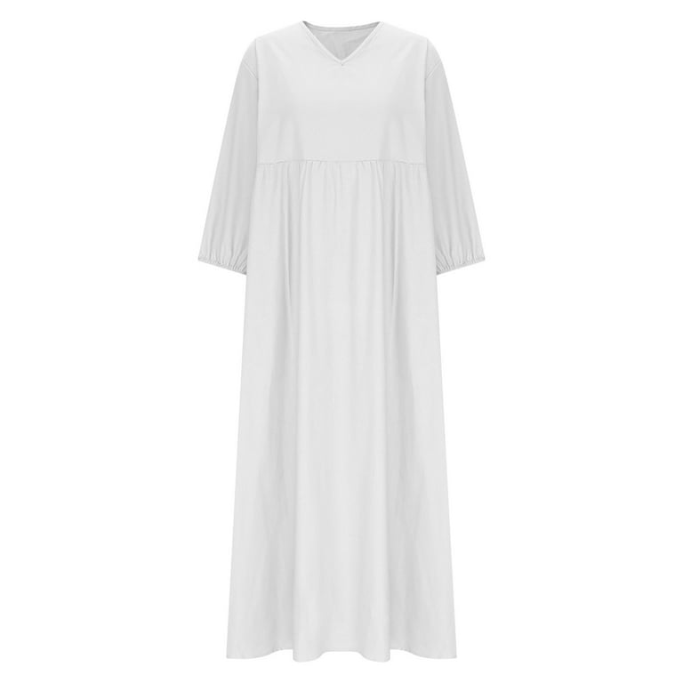 Blmnix Cotton Linen Women's Dresses Fit & Flare Tea-Length Plus Size Under  Dresses 3/4 Sleeve White V-Neck Birthday Dress,M