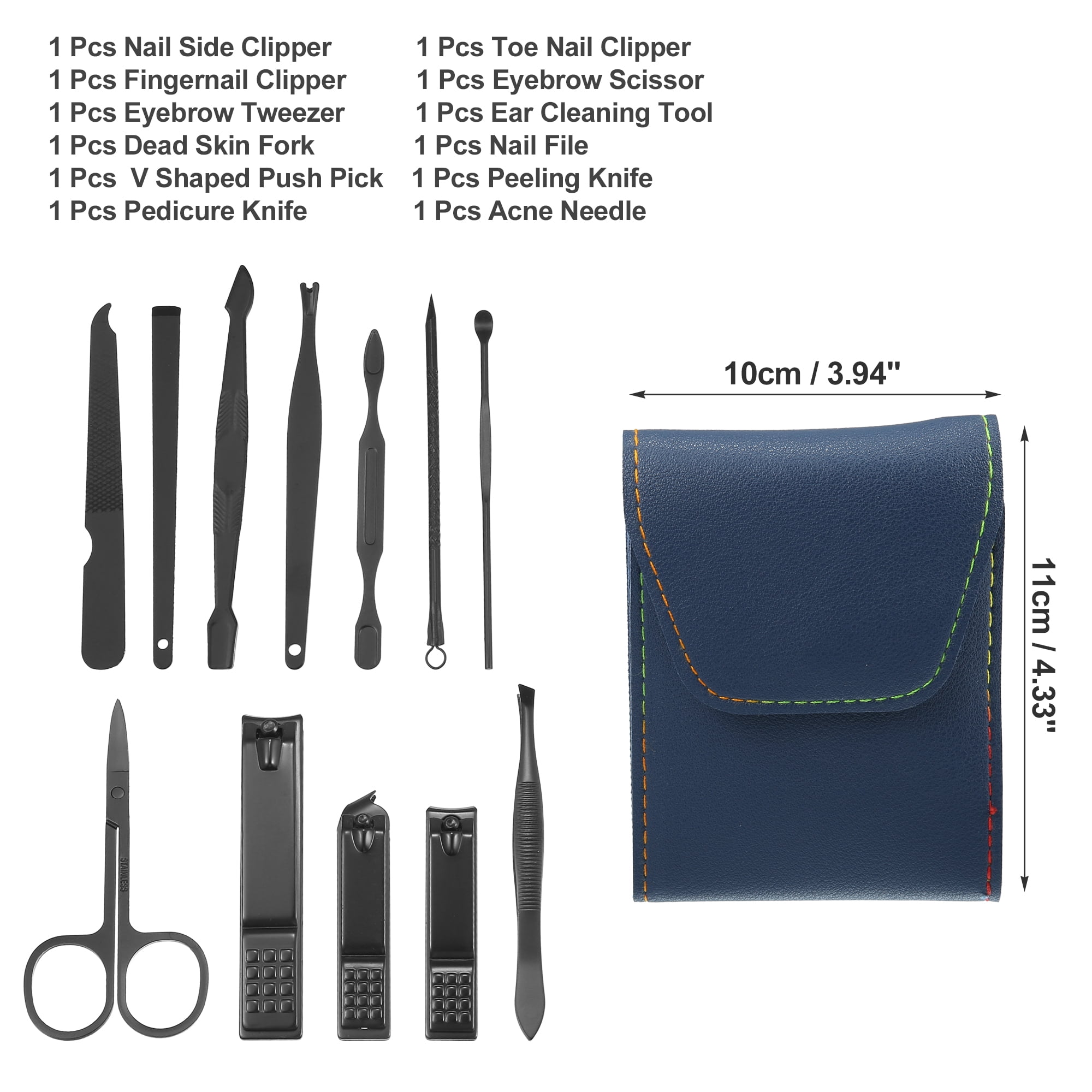 Unique Bargains 12 pcs Manicure Set with Blue PU Case Stainless Steel Personal Care Black