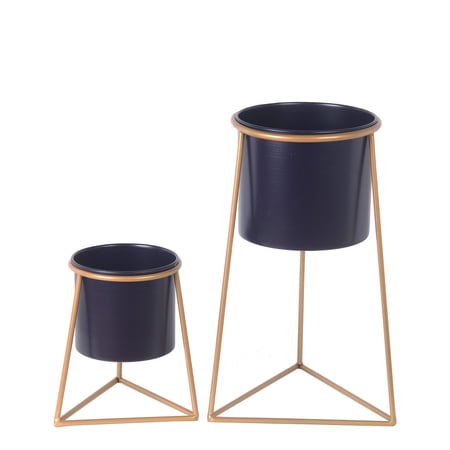 Metal Round Planter with Triangle Base  Set of 2  Gold and Gray