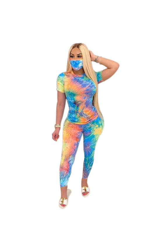 Women 2pcs Tie Dye Outfits Long Sleeve Tee Long Pants Tracksuit Bodycon Yoga Jogger Sets