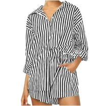 Women 2 Piece Outfits Sets Fall Floral Linen Two Piece Set Women Fall Women Flip Collar Stripe Button Long Sleeved Jacket Elastic Waist Shorts reorder items