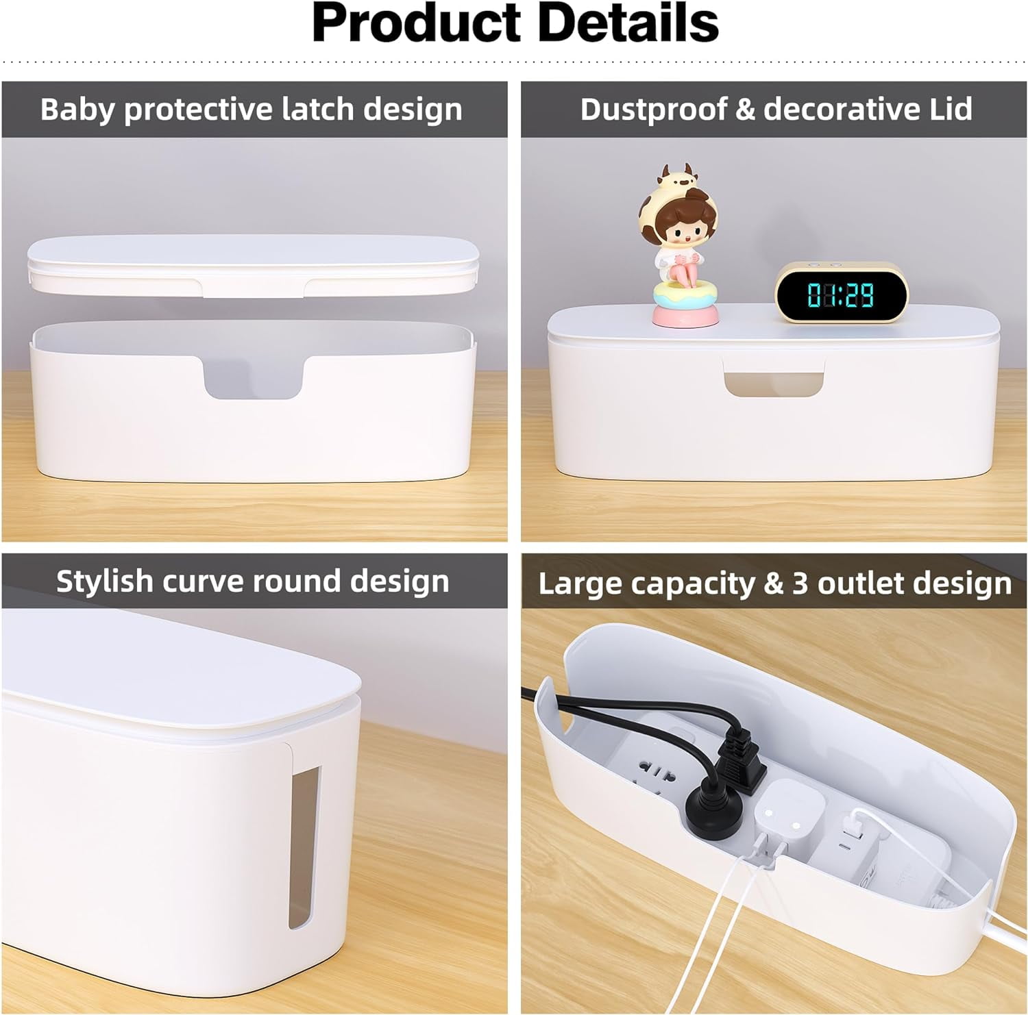 Cable Management Box - Large Cord Organizer Box to Hide & Under Desk, TV Computer Wires Cable Organizer Box with Baby Proofs, Desk Cord Organizer for Home/Office - White
