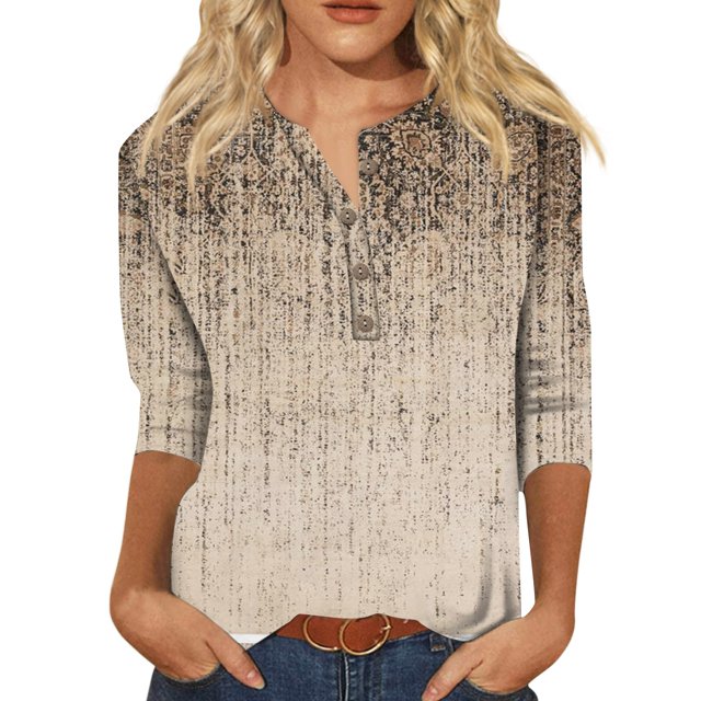 Top de cuello con estampado retro y botones de manga larga informal a la moda para mujer caqui/2XL