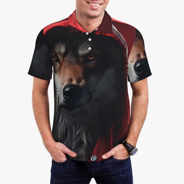 Balery Mysterious Hooded Wolf Camisa Polo de Hombre con Estampado, de Manga Corta y Tejido Medio, Camisa Tipo Golf Polo-Small
