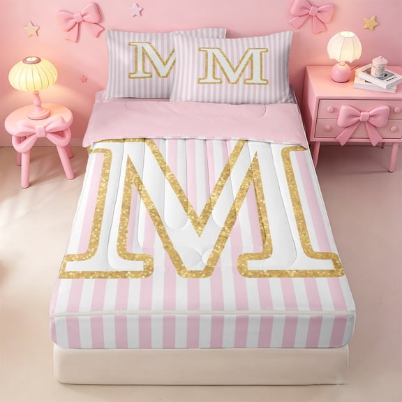 meiyoeat Gold M Initial Print Zipper Twin Comforter Sets with Fitted Sheet and 2 Pillowcases For Girls,Pink Minimalist Lines Zipper Bedding Set For Kids,pink Reversible,4-Piece