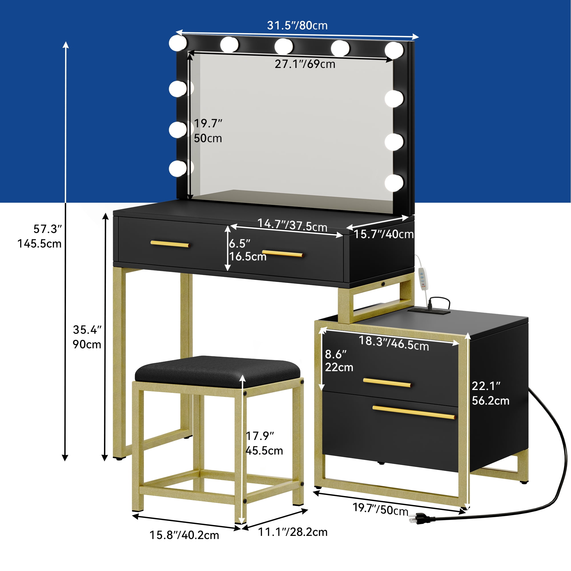 Uforic Black-Gold Makeup Vanity with Mirror and LED Lights