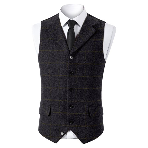 Blusa sin mangas con cuello vuelto para hombre, estilo vintage, informal, a cuadros, con bolsillos y botones, con solapa y sin mangas