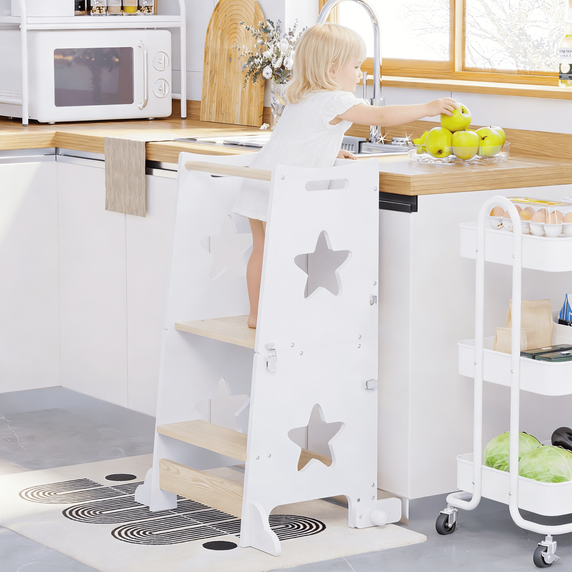 3 in 1 Toddler Kitchen Step Stool, Foldable Learning Standing Tower with Blackboard, Wooden Kitchen Stool Helper for Kids, 1-3 Year Old Boy Girl Gifts