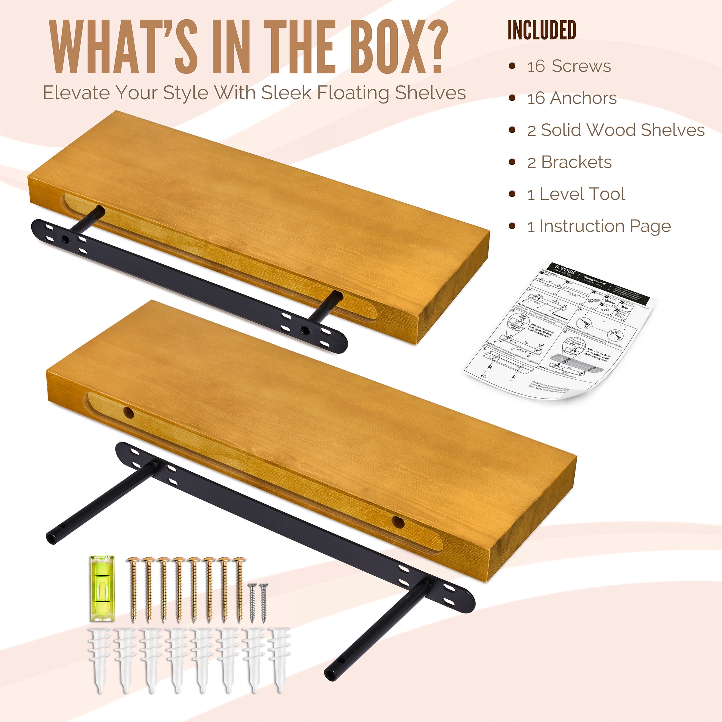 Sorbus 2-Pack Solid Wood Floating Shelves, 24 in, Maplewood, Wall-Mounted Storage